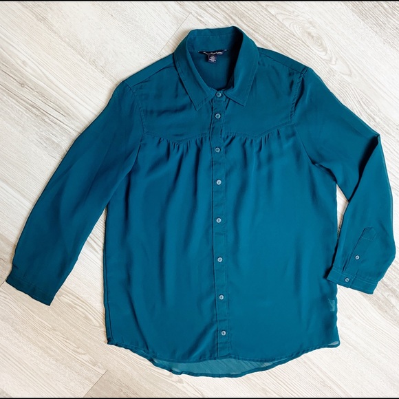 American Eagle Sheer Dark Teal Button Down Blouse - Picture 2 of 7